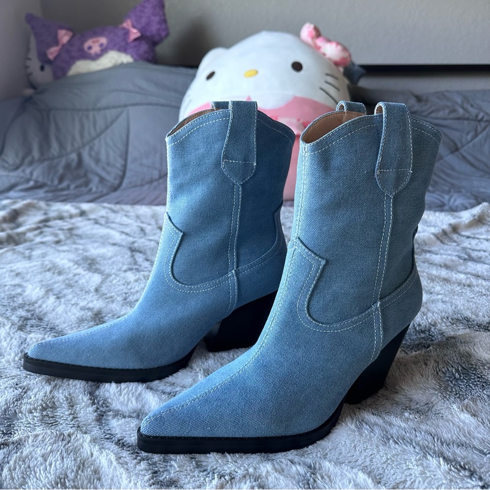 Dolls Kill Light Blue Suede Western Ankle Boots - Picture 2 of 7